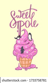 hand drawn postcard ice cream in a waffle cup with penguins. Vector illustration