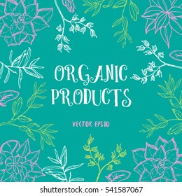 Hand drawn postcard with ORGANIC PRODUCTS decorated with rosemary plant, succulent plants and dry herbs.Green leaves with herbs for health care. Vector stock Illustration. Green background.