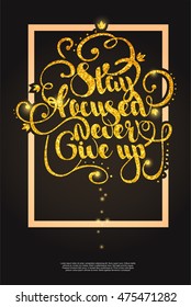 Hand drawn postcard of ornate quote with golden lettering and light frame on black background vector illustration
