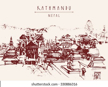Hand drawn postcard with Pashupatinath, Kathmandu, Nepal. Travel sketch. Artistic hand drawing of a sacred place. Vector