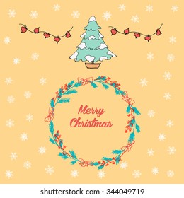 Hand drawn postcard with quote Merry Christmas in christmas wreath made of christmas tree branches and berries decorated with colored sketch of Christmas tree. Christmas lamps. vector stock. 