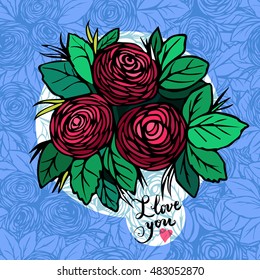 Hand drawn postcard with red roses. I love you card with roses. Floral illustration in vintage style.