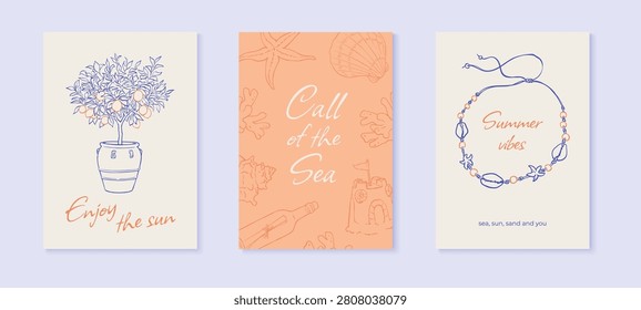 Hand drawn postcard set with blue line doodle coastal sea motifs. Whimsical italian travel summer card template for print, postcard and social media.