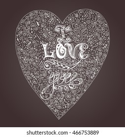 Hand drawn postcard in the shape of a heart, lettering i love you on gray background