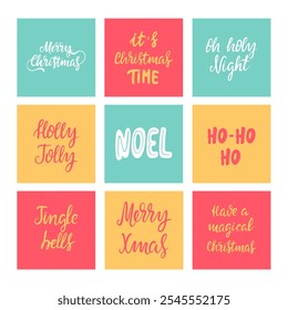 Hand drawn postcards of Christmas lettering. Hand drawn lettering. Noel, Christmas miracle, holy night, jingle bells, merry xmas. Vector illustration