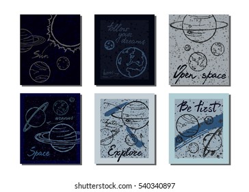 Hand drawn postcards on the space theme. Postcards with the planets and the sun. Cards with motivational slogans