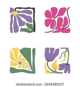 mão desenhado pôster abstrato flores groovy estilo retro. floral quadrado botânico 