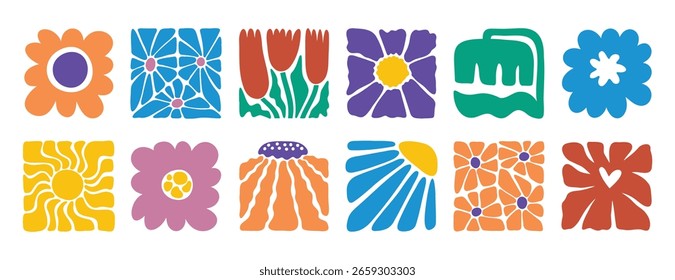 hand drawn poster abstract flowers groovy retro style. floral square botanical icon. freehand naive bright 70s style . Vector illustration