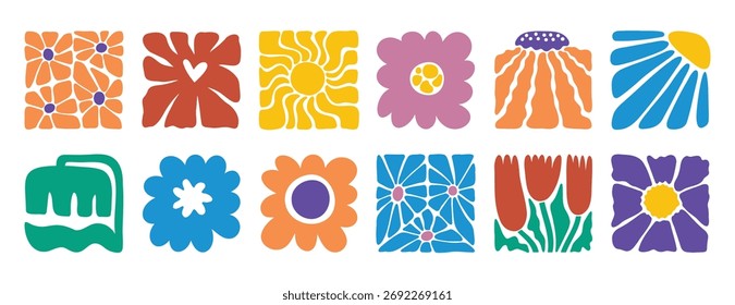 hand drawn poster abstract flowers groovy retro style. floral square botanical icon. freehand naive bright 70s style . Vector illustration