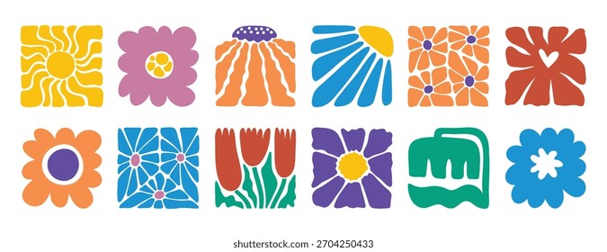 Cartel dibujado a mano Flores abstractas Groovy estilo retro. Icono botánico cuadrado floral. Ingenuo a mano alzada brillante estilo de los años 70 . Ilustración vectorial