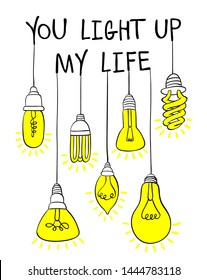Hand drawn poster with bulb illustration inspirational quote and sunburst vector poster lettering artwork for t-shirts, cups, bags or other prints.