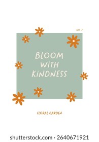 Hand drawn poster or card with cute abstract flowers. Charming print with beautiful tiny floral elements. Vector botanical illustration for summer design, Womens day, Valentines day. Flat vector art