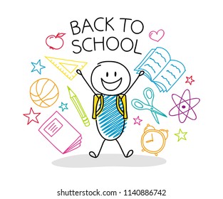 Hand drawn poster with cartoon stickman and accessories. Vector.