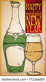 Hand drawn poster with champagne bottle and wineglass with a red ribbon with golden greetings to celebrate New Year.