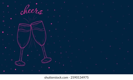 Hand drawn poster of clinking champagne glasses. Two wine glasses with bubbles and confetti around them . Cheers vintage card on blue background with place for text for greeting cards, wedding, invita