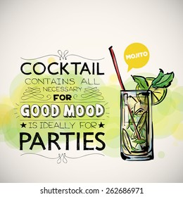 Hand drawn poster with cocktail and text. Vector collection. 