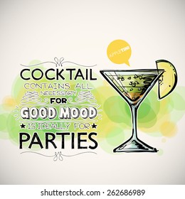 Hand drawn poster with cocktail and text. Vector collection. 