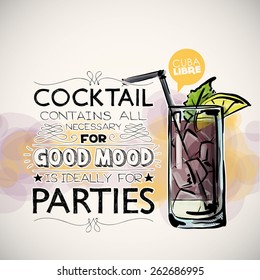 Hand drawn poster with cocktail and text. Vector collection. 