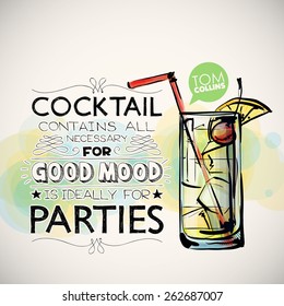 Hand drawn poster with cocktail and text. Vector collection. 