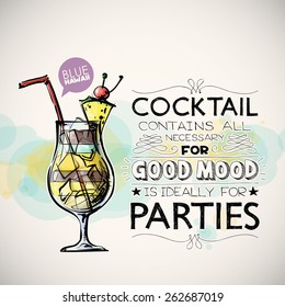 Hand drawn poster with cocktail and text. Vector collection. 