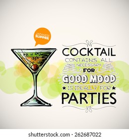 Hand drawn poster with cocktail and text. Vector collection. 