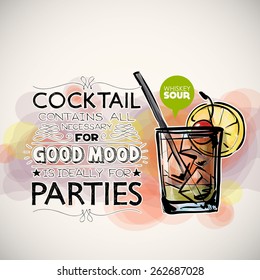 Hand drawn poster with cocktail and text. Vector collection. 
