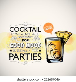 Hand drawn poster with cocktail and text. Vector collection. 