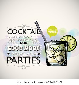 Hand drawn poster with cocktail and text. Vector collection. 