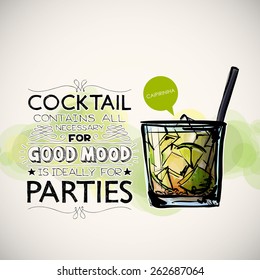Hand drawn poster with cocktail and text. Vector collection. 