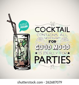 Hand drawn poster with cocktail and text. Vector collection. 