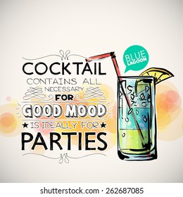 Hand drawn poster with cocktail and text. Vector collection. 