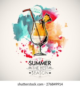 Hand drawn poster with cocktail and text on a watercolor splash background. Vector collection.