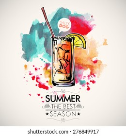 Hand drawn poster with cocktail and text on a watercolor splash background. Vector collection.