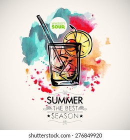 Hand drawn poster with cocktail and text on a watercolor splash background. Vector collection.