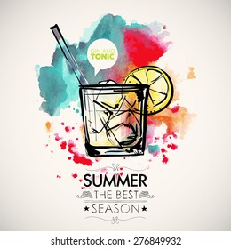 Hand drawn poster with cocktail and text on a watercolor splash background. Vector collection.