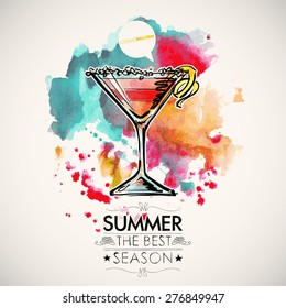 Hand drawn poster with cocktail and text on a watercolor splash background. Vector collection.