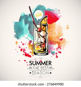 Hand drawn poster with cocktail and text on a watercolor splash background. Vector collection.