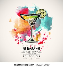 Hand drawn poster with cocktail and text on a watercolor splash background. Vector collection.