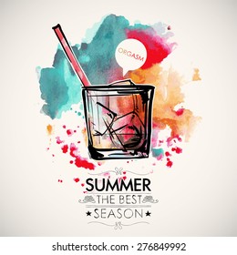Hand drawn poster with cocktail and text on a watercolor splash background. Vector collection.