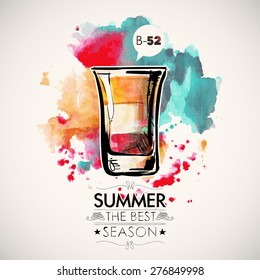 Hand drawn poster with cocktail and text on a watercolor splash background. Vector collection.