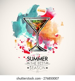 Hand drawn poster with cocktail and text on a watercolor splash background. Vector collection.