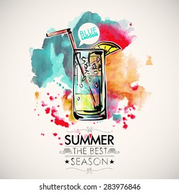 Hand drawn poster with cocktail and text. Watercolor splash background. Vector collection.