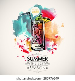 Hand drawn poster with cocktail and text. Watercolor splash background. Vector collection.