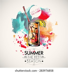 Hand drawn poster with cocktail and text. Watercolor splash background. Vector collection.