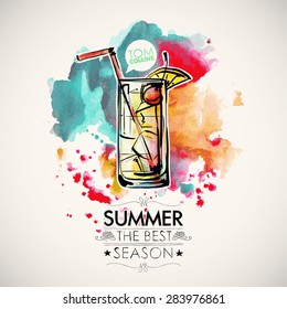 Hand drawn poster with cocktail and text. Watercolor splash background. Vector collection.