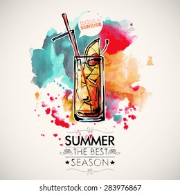 Hand drawn poster with cocktail and text. Watercolor splash background. Vector collection.