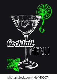 Hand drawn poster with cocktail and text. Vector collection.