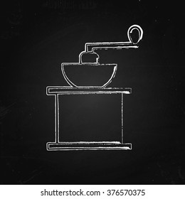 Hand drawn poster with coffee mill on the chalk board. Vector illustration