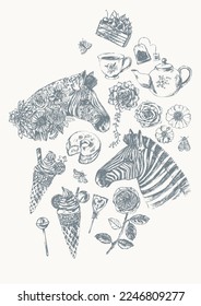 Hand drawn poster design template with zebra head, sweet dessert, tea, ice cream, flowers, donut, lollipop, cupcake, rose, cake.