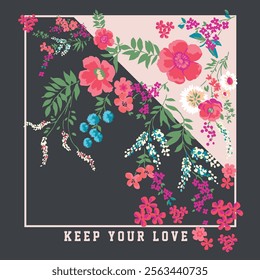 Hand drawn poster with exotic tropical leaves and flowers in the shape of a Moon. Love you to the Moon